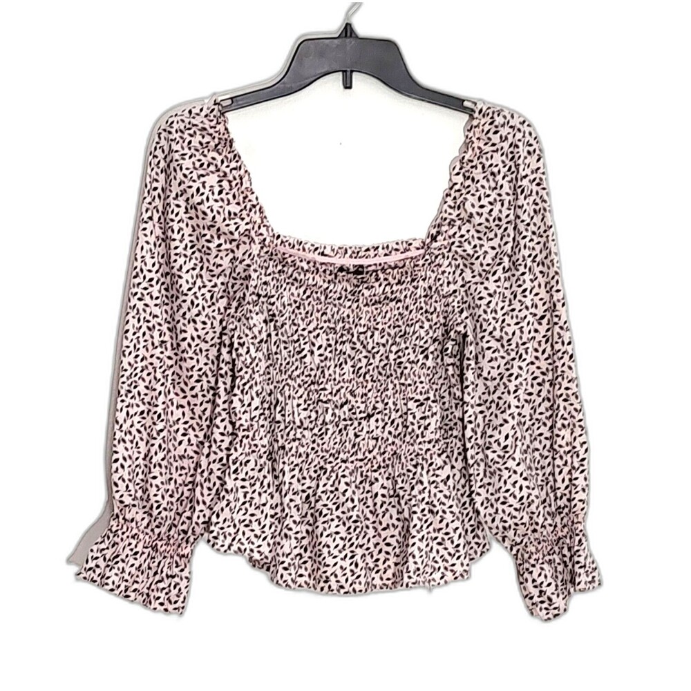 Who What Wear Pink Black Floral Smocked Peasant Puff Sleeves Blouse S